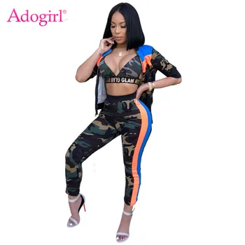 

Adogirl Camo Stripe Print Women Tracksuits 3 Piece Set Bra Top Zipper Jacket Outerwear and Pencil Pants Sporting Outfits Suit
