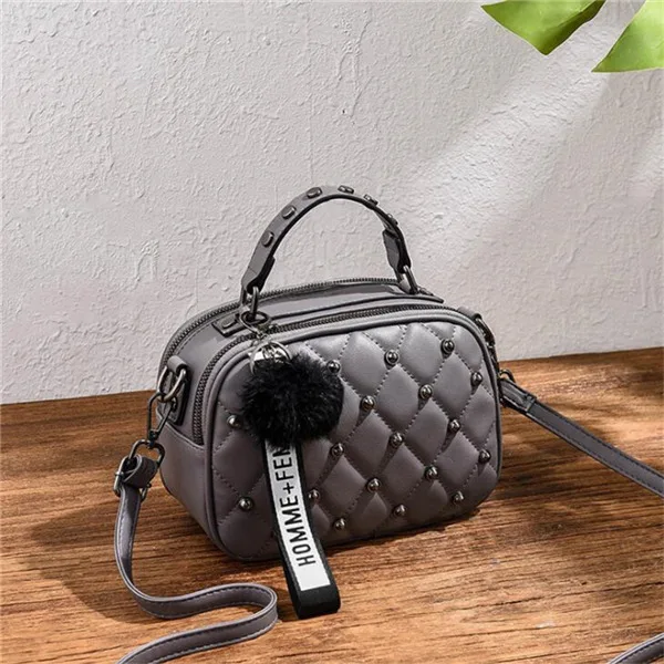 Trendy Rivet Plaid Bag for Women Brand Design Small Crossbody Bags with Hairy Ball Girls Mini PU Leather Handbags Phone Purse - Цвет: gray