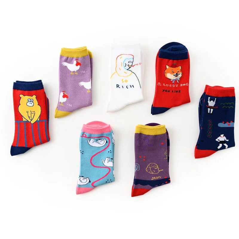 7 пара/лот женские носки с принтом животных из мультфильма забавные милые длинные