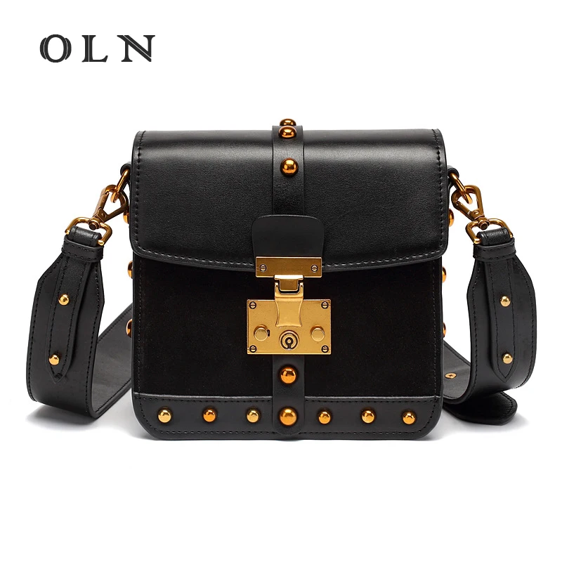 

OLN Luxury New Cool Style Designer Small Rivet Retro Single Shoulder Female Bags Small HandBag for Women Bag Lock Cow LEATHER