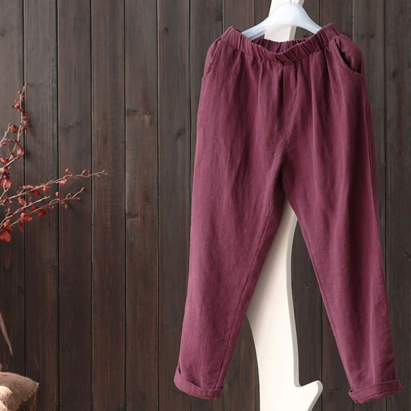 Плюс Размеры Для женщин брюки льняные и хлопковые повседневные штаны-шаровары Карамельный цвет Harajuku повседневные штаны
