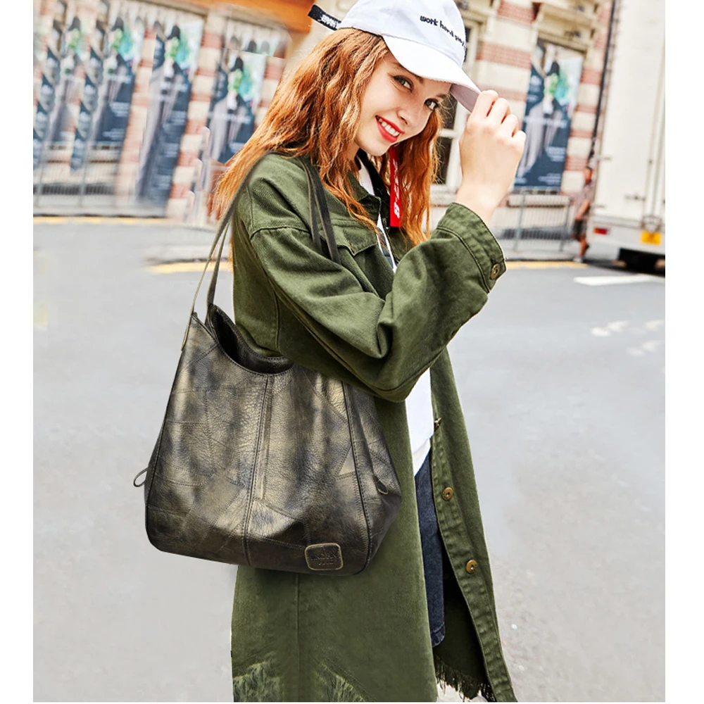  Vintage Women's PU Leather Handbags High Quality Female Hobos Single Shoulder Bags Solid Multi-pock