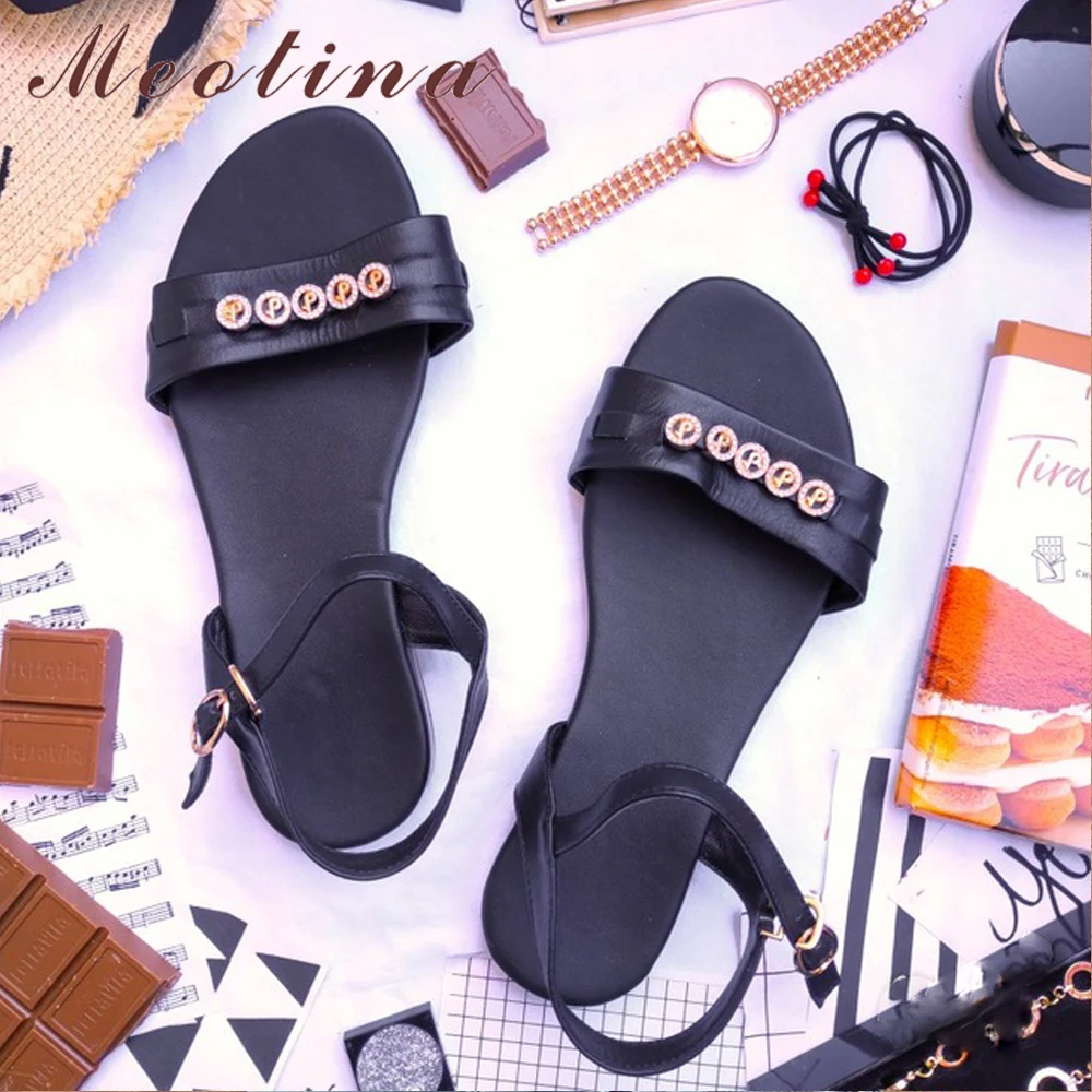 

Meotina Summer Sandals Women Shoes Natural Genuine Leather Flat Sandals 2019 Rhinestone Buckle Casual Shoes Lady Big Size 3-12