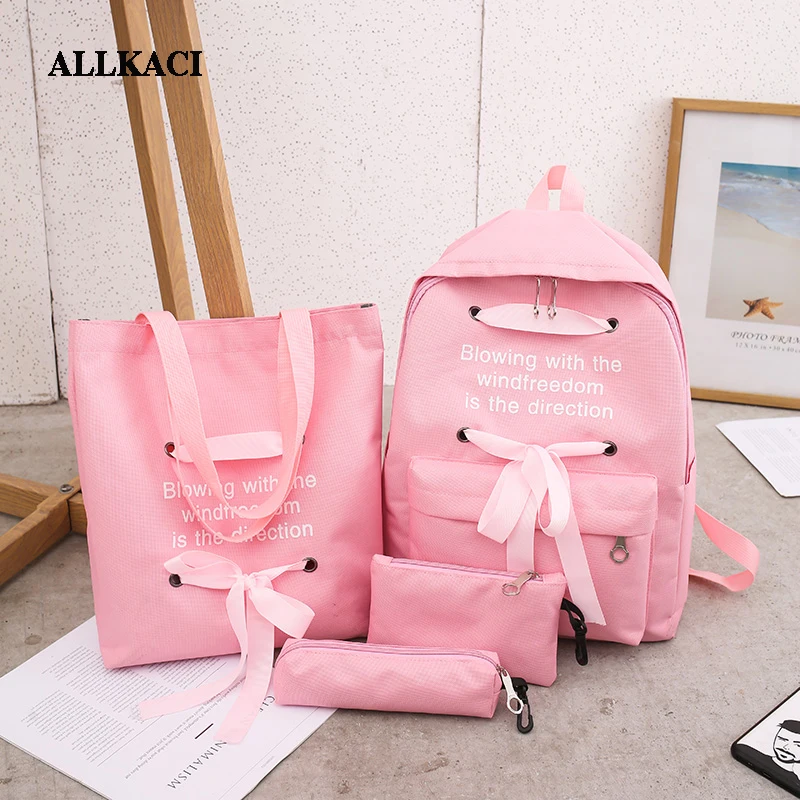 

4Pcs/Set Ribbon Chain Bowknot Letter Canvas Backpack Travel Rucksacks Leisure Backpacks For Teenage Girls School Bagpack 4041