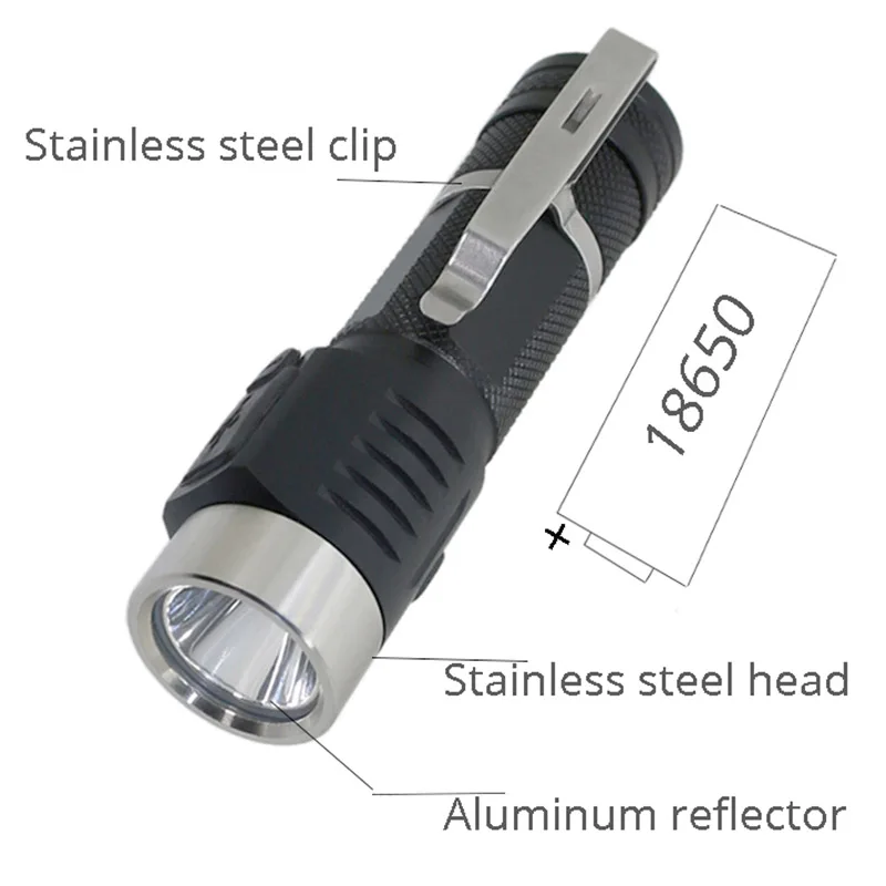 Flashlight Mini USB CREE XML2 LED 850LM 5 mode Torch Stainless Steel Clip Pocket Lamp with 3400mah trustfire 18650 battery NE03 