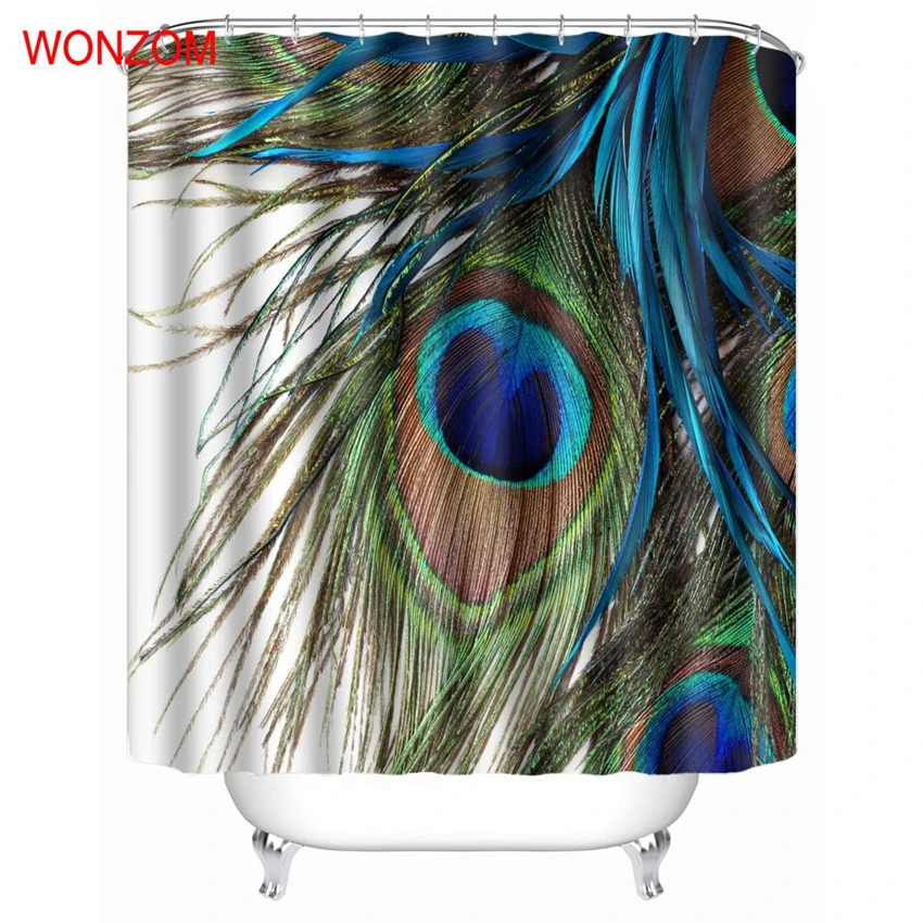 

WONZOM 3D Peacock Feathers Polyester Shower Curtains For Bathroom Decor Modern Bath Waterproof Curtain with 12 Hooks Accessories