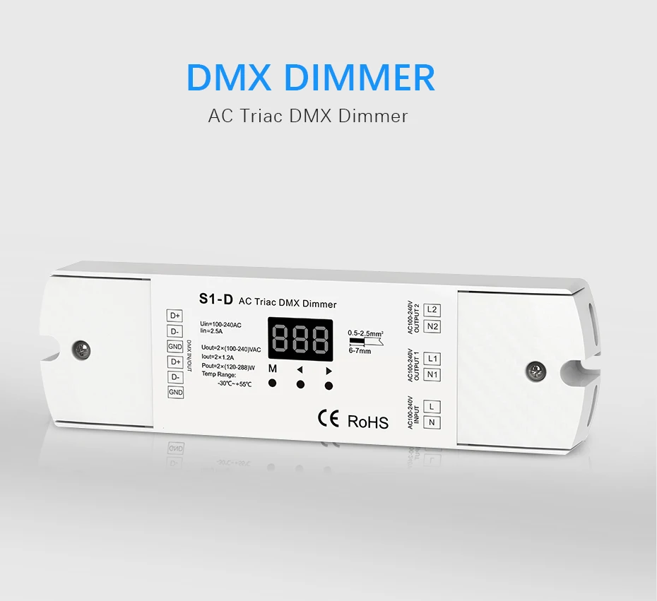AC100-240V 288 Вт 2 канала Triac DMX диммер, двухканальный выход кремния DMX 512 контроллер S1-D