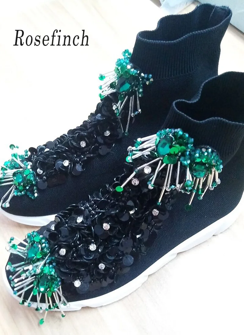 Вышитое блестящим бисером кисточкой женские кроссовки черные носки женские вязаные ботильоны высокие кроссовки женская повседневная обувь WK92-1