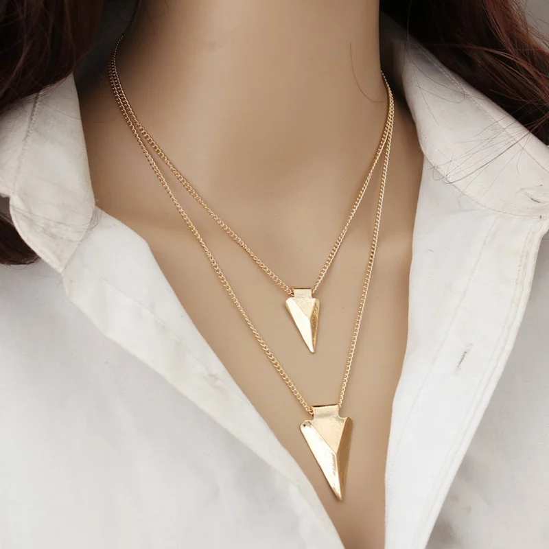 Double Triangle Pendants Necklaces Women Gold Color Link Chain
