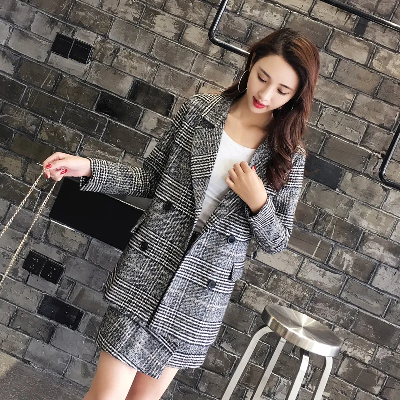 

high quality New lattice stripes long suit jacket half skirt suit ladies fashion casual suit+skirt two-piece set Hot Selling