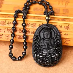 Натуральный черный обсидиан китайский, ручная резьба Будда патрон счастливый амулет кулон Бесплатная ожерелье модное религиозное