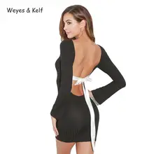 Weyes и кепф весна Bodycon спинки сексуальное платье Для женщин лук 2018 тонкий Вышивка Крестом Пакет бедра мини-платье Для женщин с длинным рукавом вязаный платья для женщин