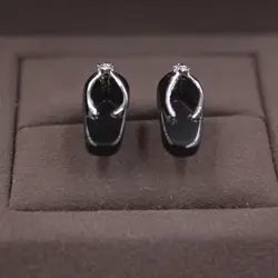 Чистый S925 серебристый и черный агат женские серьги-гвоздики небольшой серьги в форме шлепанцев новые модные