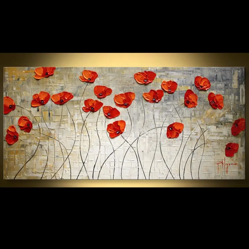 

Hand Painted Landscape Poppies Painting Palette Knife thick oil painting Canvas Wall Decoration For Living Room Artwork Fine Art