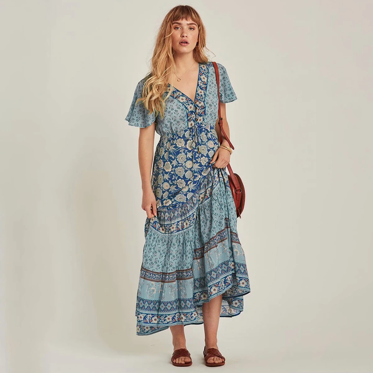 Günstig Blau Floral Chic Maxi Kleid Frauen 2019 Retro Kurzarm v ausschnitt Sexy Kleider Sommer Kleidung Boho Hippie Strand Party lange Kleid