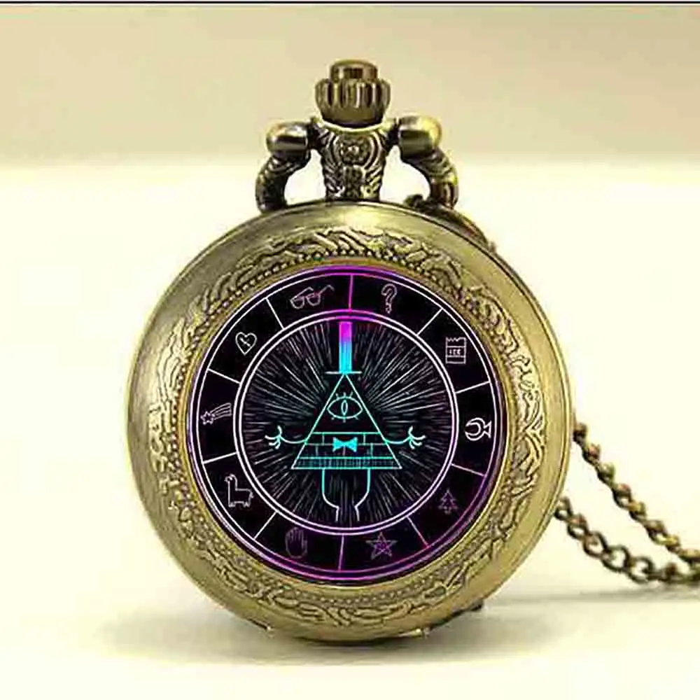 

Movie Gravity Falls BILL CIPHER WHEEL pocket watches Steampunk Pendants Necklaces chain 12pcs/lot man mabel pig cosplay toy xmas