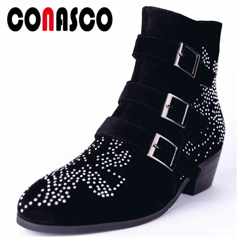 

CONASCO Brand Rivets Women Ankle Boots Sexy Buckles Motorcycle Boots High Heels Warm Autumn Winter Martin Shoes Woman Boots