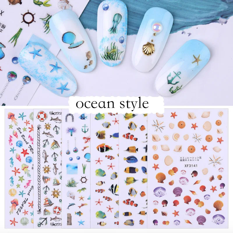 

1pcs Ocean Style 3D Nail Art Stickers Shell sea horse fish Beach design Decals Adhesive Manicure Tips Nail Art Decorations 2019
