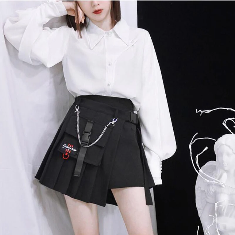 

2019 Punk Hip-hop Plaid Skirt Women Irregular Sexy Harajuku Hard Girl High Waist Pleated Skirts Asymmetrical A Line mini Skirts
