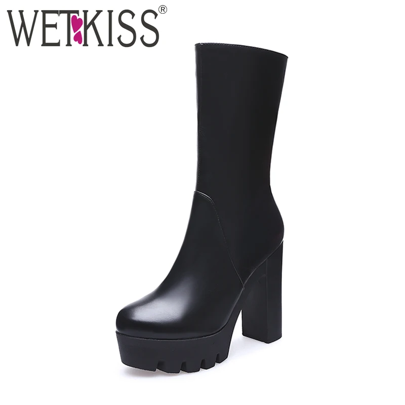 

WETKISS 2018 High Quality Women's Boots Elegant Super High Heels Shoes Woman Zipper Short Boots Mid Calf Platform Winter Boots
