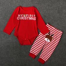 Red Long Sleeve Bodysuits + Deer Stripe Pants 2Pcs Children Pullover Clothing Sets Season Rompers Toddler Baby Christmas Costume