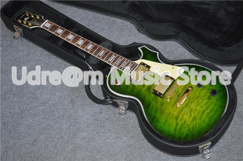 

Top Sale Green Quilted Finish Suneye LP Custom Style Electric Guitarra Solid Mahogany Guitar Body & Kit With Guitar Case
