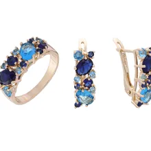 Модный Ювелирный Набор 585 цвета розового золота, Женские Ювелирные наборы, роскошный голубой кубический камень, обручальное кольцо/серьги, ювелирные наборы