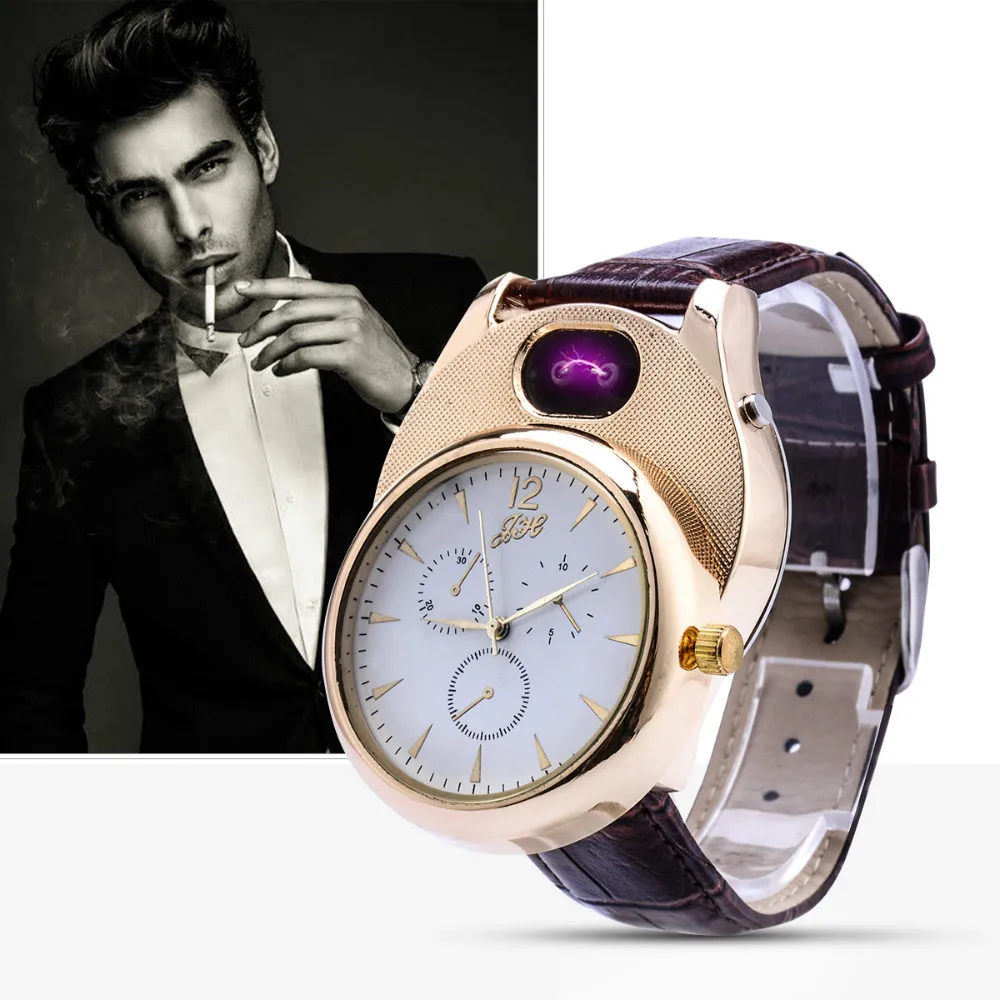 Cigarette Lighter watch Men USB rechangeable Casual Quartz Watch fashion Arc Flameless Lighter Wristwatches clock JH338