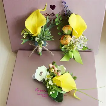 

Yellow calla lily flower Corsage Groom groomsman Wedding Flower Man suit men Boutonniere For Groom pin brooch Party decoration