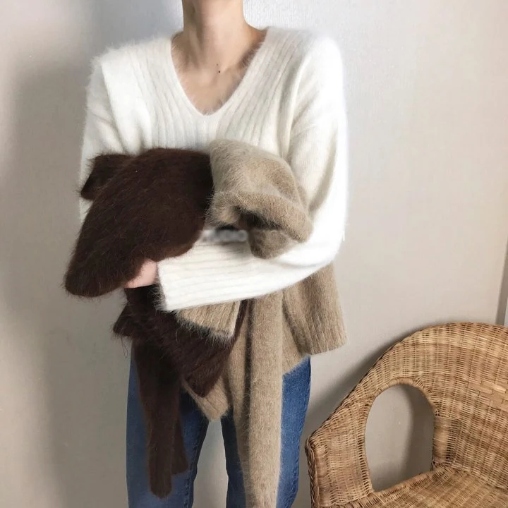 

Korean Women Fashion Wool Knitted Pullover Autumn Winter White Mink Cashmere Long Sleeve Casual V Neck Loose Sweater Jumper Tops