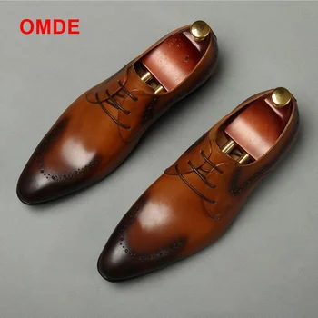 

OMDE British Style Pointed Toe Leather Shoes Men Brogue Carved Formal Shoes Dreathable Lace-up Oxford Shoes Men's Wedding Shoes