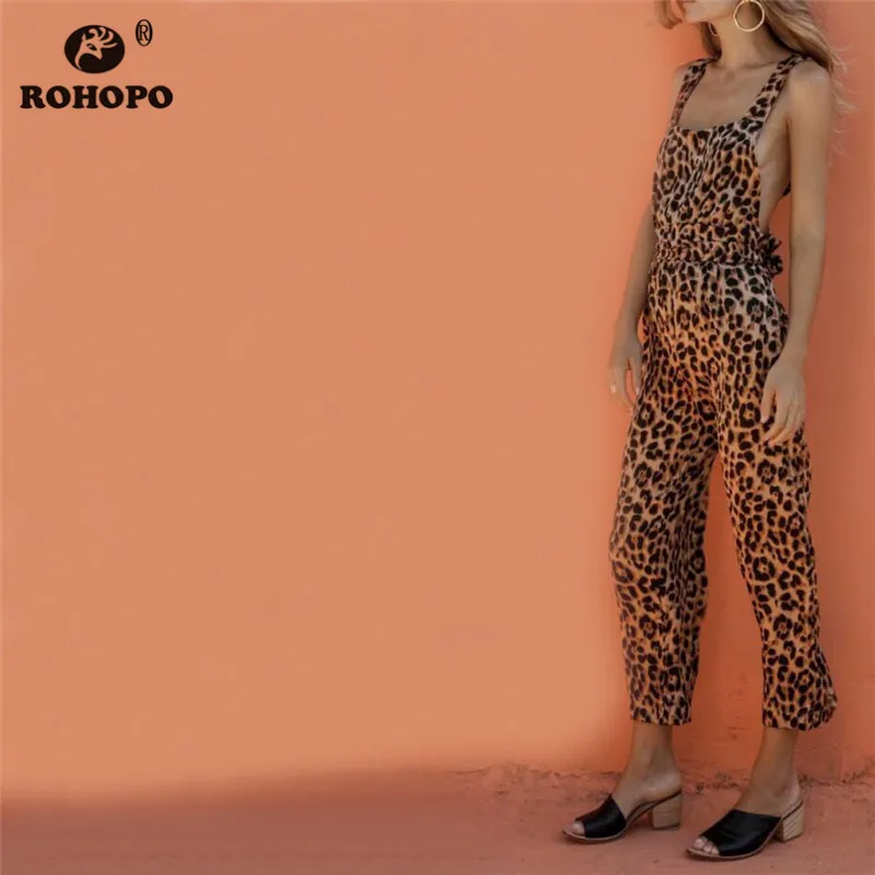 

ROHOPO Leopard Sexy Overall Pant Ankle Length Straight Belted Strap Vintage Cargo Pants #YY310C
