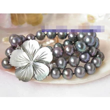 N1021 красивая 3 пряди 11 мм черный круглый жемчуг браслет bangleNoble стиль Природный Изысканные jewe Быстрая