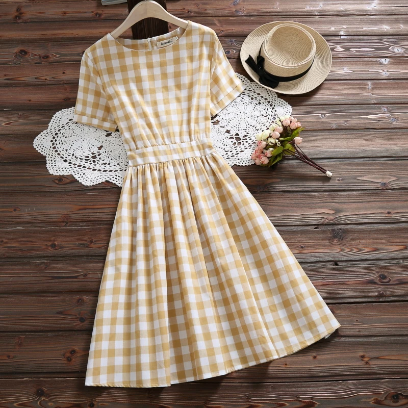 

Japanese Mori Girl Summer Women Long Dress Vintage Plaid Sashes Vestidos Femininos Short Sleeve Elegant Sweet Cotton Chic Dress