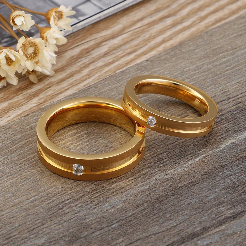New Personality Cubic Zirconia Couple Engagement Ring Gold Color Stainless Steel Wedding Ring Alliance Jewelry for Women and Men