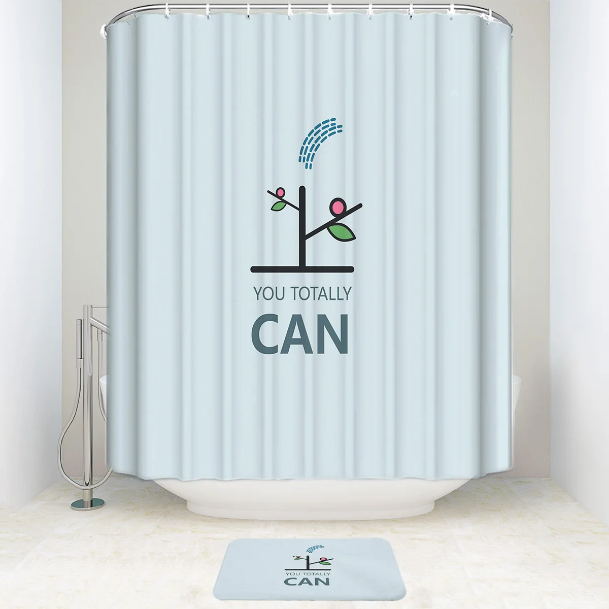 

You Totally Can Characters Light-color Shower Curtain and Mat Set, Mildew Resistant Fabric Bathroom Decorations Bath Curtains