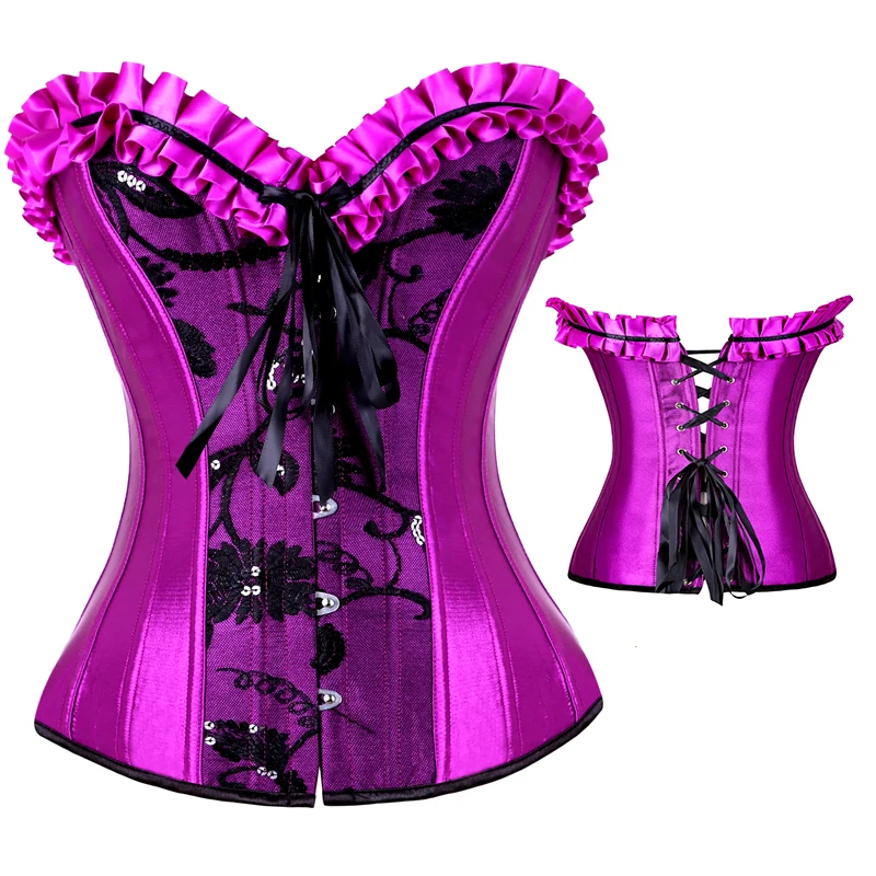 X Womens Floral with Black Lace Up Back Trim Corset Satin Overbust ...