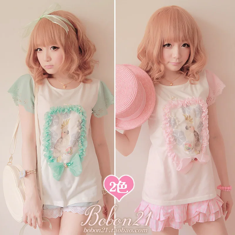 

Princess Sweet lolita shirt BOBON21 pink green Multiple decoration lace punk parrot t-shirt sew-on pearl sparkling diamond t0832