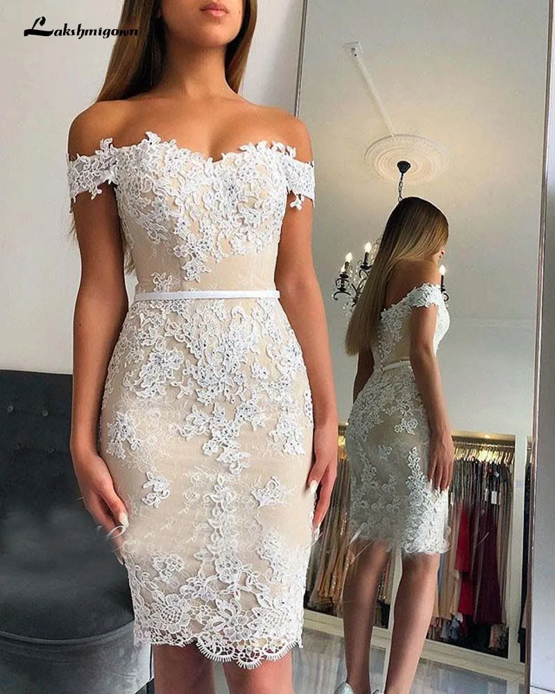 

2019 Knee length Appliques Lace Bridesmaid Gowns Sheath Sweetheart Off Shoulder Wedding Guest Gowns Custom-made Prom Party Dress