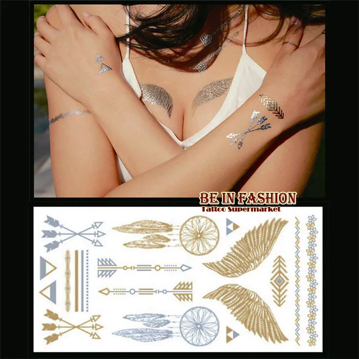 4 шт./лот, временная татуировка, наклейка, поддельные золотые и серебряные тату, простыни, флеш-татуаж хной, металлические татуировки Aramex Tatuajes Dorados