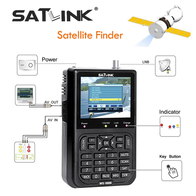 

Satlink WS-6906 Satellite Finder Meter Digital Sat Finder DVB-S LNB C&KU Band MPEG-2 Satellite Signal Finder FTA AV 3.5inch LCD