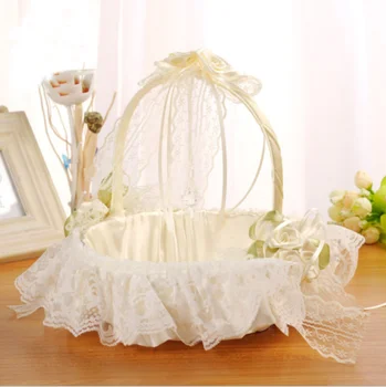 

1x New Romantic Satin Bowknot Lace Flower Girl Basket Wedding Ceremony Party Decor Hanging White Basket Gift