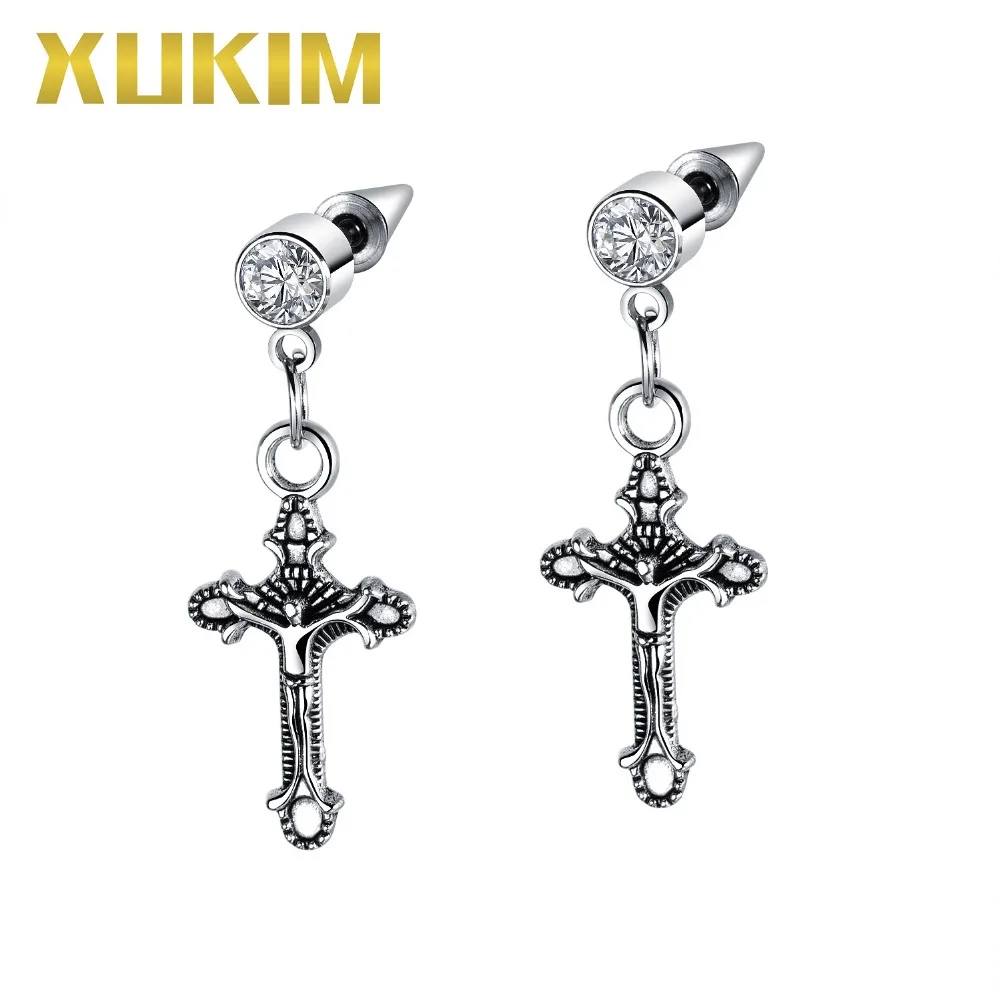 

Xukim Jewelry Vintage Crucifix Jesus Cross Hinged Drop Earrings Stainless Steel Punk Rock Earrings Men Women Jewelry Party Gift