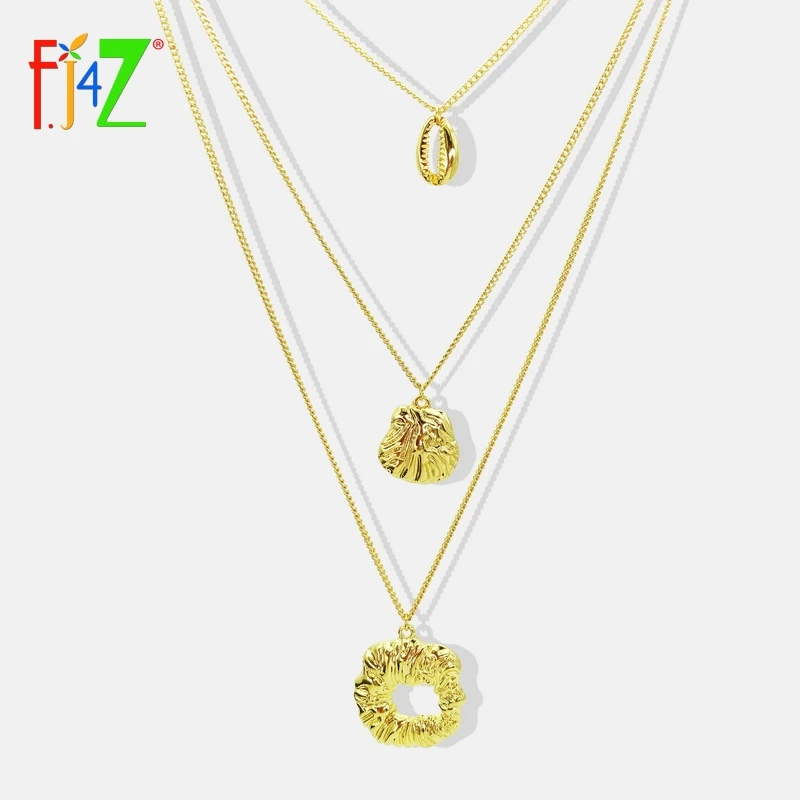 

F.J4Z Sea Shell Necklace Choker Jewelry Boho Hawaiian Beach Jewelry Pendant Necklace 3layered Gold Chain For Women Collar Bijoux