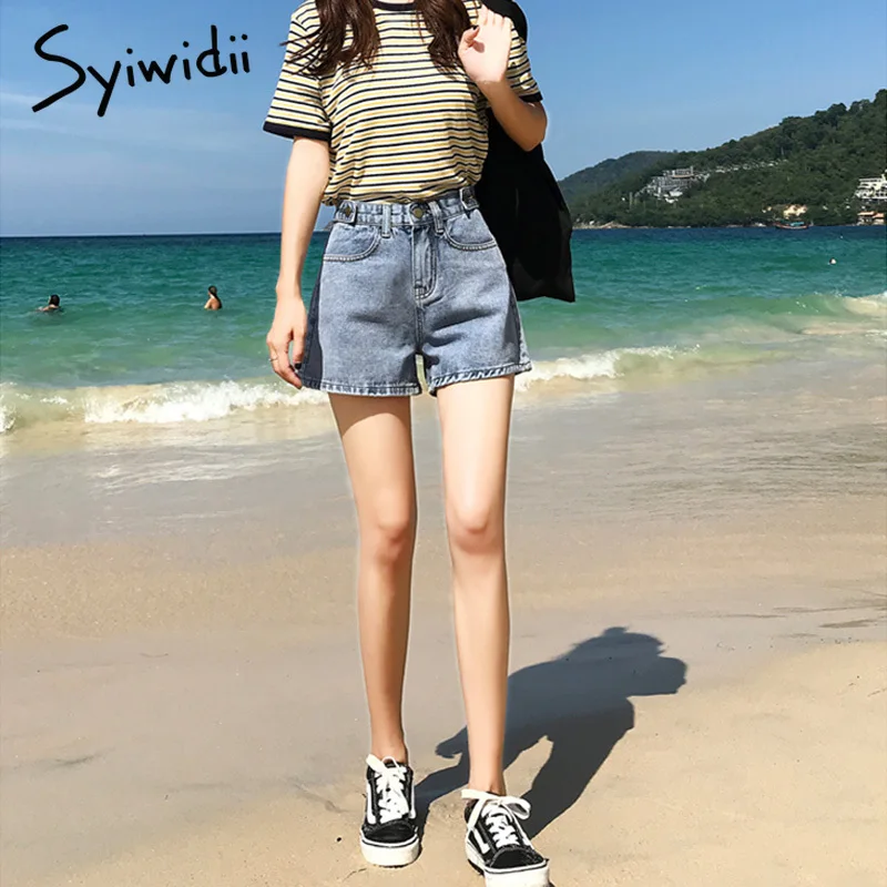 Women’s denim shorts Summer mom jeans high waist shorts Woman 2019 plus size short femme blue gray beige Wide leg shorts jeans