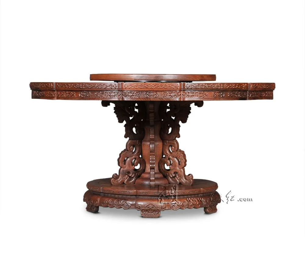 Single-leg Round Tables Furniture sets with Turntable Rosewood 8 chairs Diving Room 1.5M Coffee Desk Antique Solid Wood Armchair