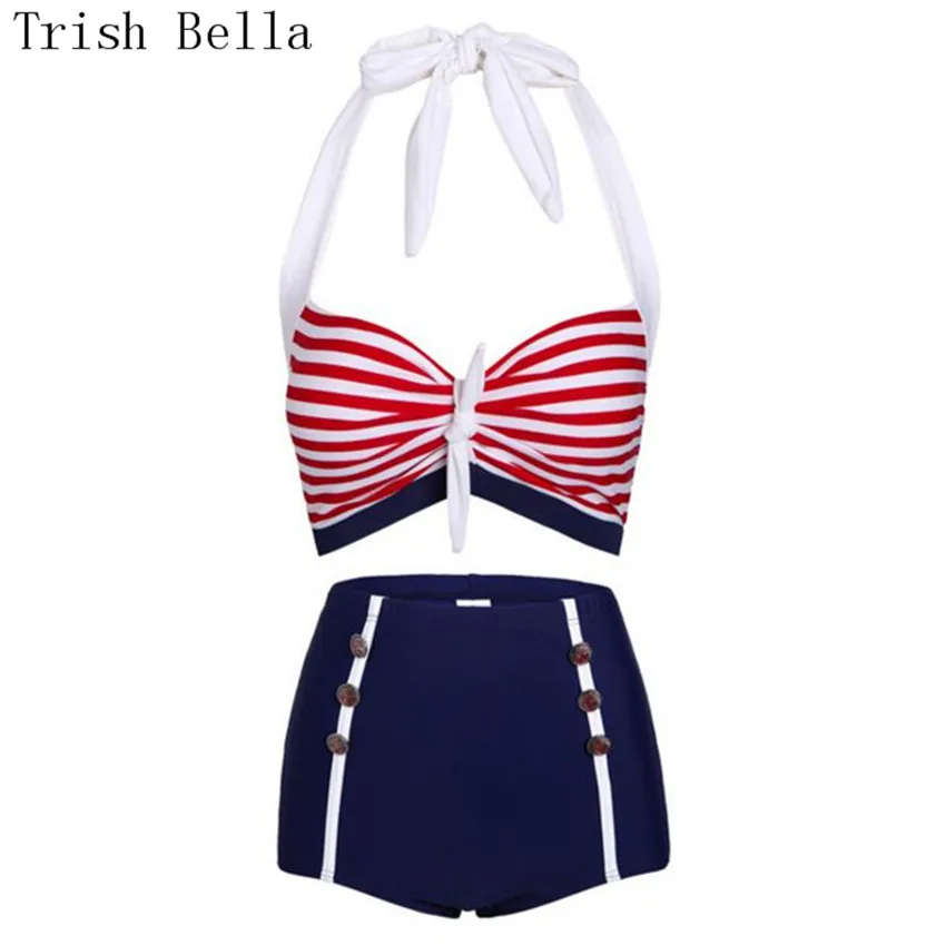 

swimwear women bikini 2017 sexy stripe Button halter fold Tie Military style high waist bikinis women swimsuit biquini