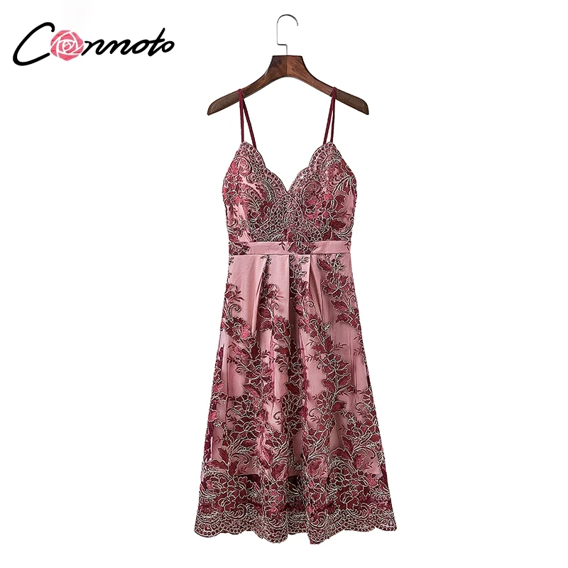 

Conmoto Winter Backless Spaghetti Strap Lace Mid Dress Women Embroidery Dresses Feminino Red Party Dress Vestidos