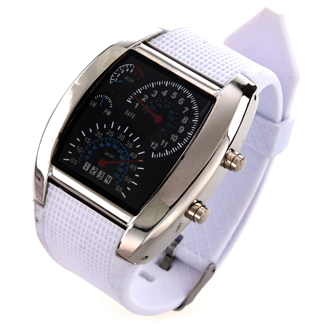

Flash LED Men's Sports Car Meter Dial Stainless Steel Rubber Band Watch white