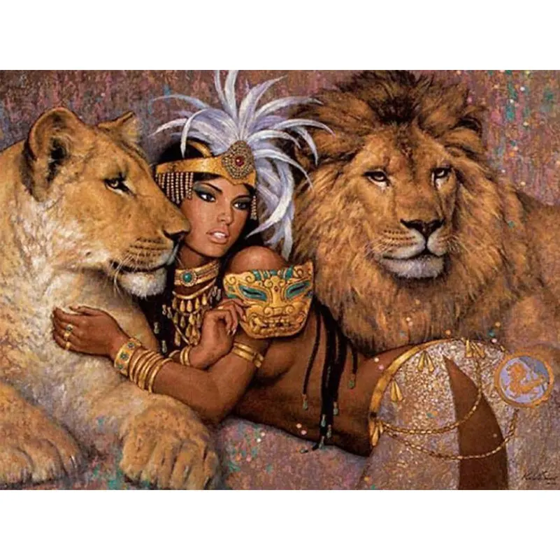 

Needlework Embroidery Animals Diy Diamond Painting Sexy Indian Girl And Tiger Lion Full Square Rhinestones Puzzle Picture Crafts